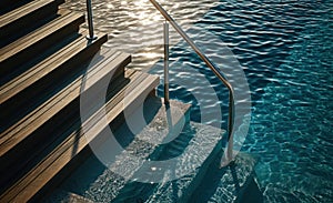 Empty wooden deck swimming pool steps with clear water surface background