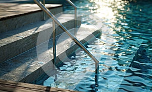 Empty wooden deck swimming pool steps with clear water surface background