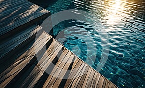 Empty wooden deck swimming pool steps with clear water surface background