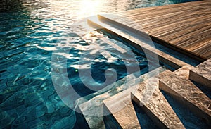 Empty wooden deck swimming pool steps with clear water surface background