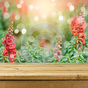 Empty wooden deck table over blurred flower field background for product montage display. Spring or summer