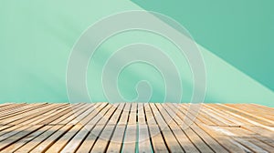 Empty wooden deck table over mint wallpaper background. Ai Generative