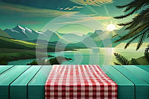 Empty wooden deck table and red checked tablecloth over mint wallpaper background