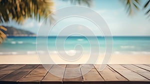 empty wooden desk mockup with blur beach background