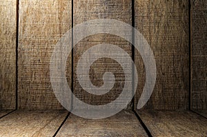 Empty wooden desk table and bag, Old brown dark wood wall texture and pattern background for design