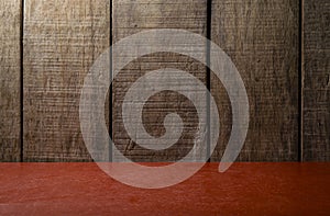 Empty wooden desk table and cloth, Old brown dark wood wall texture and pattern background for design