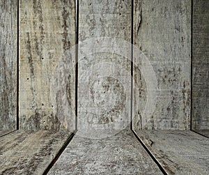 Empty wooden desk table and cloth, Old brown dark wood wall texture and pattern background for design