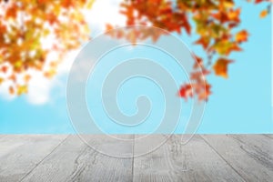Empty wooden desk table over abstract blurred light blue sky and colorful autumn background with leaves. Template for your food