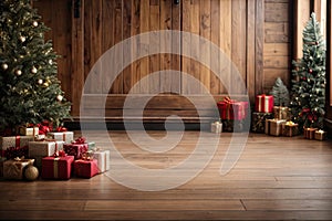 Empty wooden floor in brown and gold tones for product display with a wall in the interior of the room, with a Christmas decor.