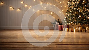 Empty wooden floor in brown and gold tones for product display with a wall in the interior of the room, with a Christmas decor.