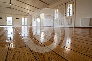 Empty wooden floor with ceiling and light reflection