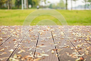 Empty wooden floor or decking with abstract blurred of garden background