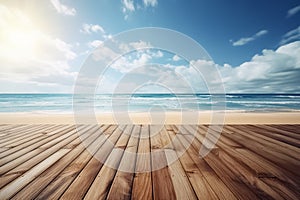 Empty wooden flooring deck in front and blue summer sky and sea or ocean with turquoise water and waves background. Generative AI