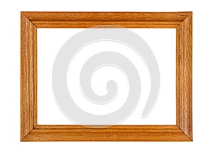 Empty wooden frame for artwork or photo with oak texture border isolated on white background