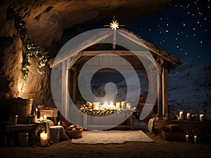 An empty wooden manger with stars, a concept of Jesus born as in bible