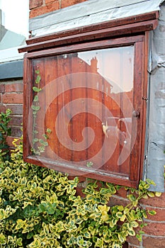 Empty wooden notice board with foliage growing inside