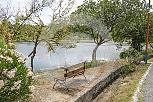 Empty wooden park bench overlooking Viroi lake