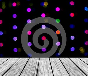 Empty Wooden Perspective Platform with Sparkling Abstract Colorful Round Light Bokeh Circles Background used as Template to Mock u