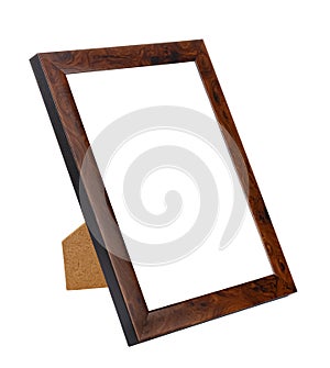 Empty wooden photo frame with tree root texture border on stand isolated on white background