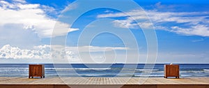 Empty wooden pier and beach. Desk space and sky background for product display montage.