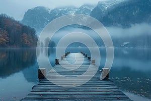 An empty wooden pier at dusk against the backdrop of mountains