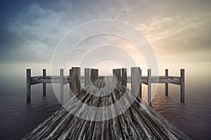 Empty Wooden Pier Jetty Bridge with Sunset Ocean View. 3d Rendering