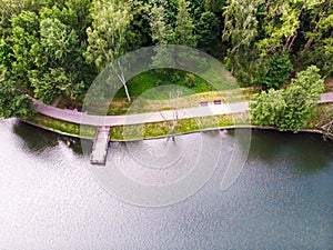 Empty wooden pier on lake in city park