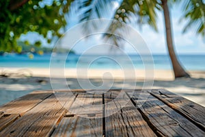 Empty wooden planks table against a blurred background with a sea coast with palm trees during the day