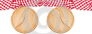 Empty wooden plate set top view tablecloth, set of empty cutting desk isolated on white background, food mock up concept, empty