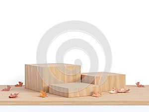 Empty wooden podium with autunm concept isolated on white background 3d render