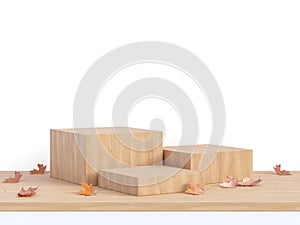 Empty wooden podium with autunm concept isolated on white background 3d render photo