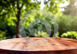 Empty wooden round table for product placement or montage with blurred forest background.