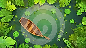 An empty wooden rowboat with one oar and a boat in a swamp with water lily leaves. Modern landscape of a green lake or