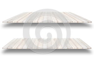 Empty wooden shelf wall isolated on white background, For prese