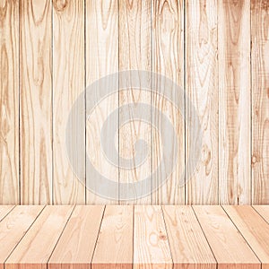 Empty wooden shelf on Wood wall texture background