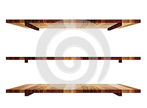 Empty wooden shelfs in 3 angle view isolated on white background
