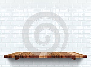 Empty wooden shelfs on white glossy tile wall, Mock up template