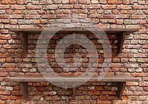 Empty wooden shelves red brick, display mockup tabletop isolated