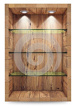 Empty wooden showcase with glass shelves for exhibition. islolated on white with clipping path. 3d rendering
