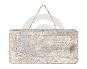 Empty wooden sign with lope for hang on white photo