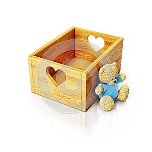 Empty wooden storage box with heart holders and teddy bear