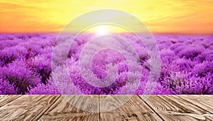 Empty wooden surface in lavender field