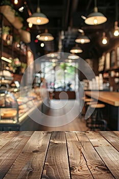 Empty wooden table against blurred kitchen bench background for clean and minimalistic design