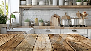 Empty wooden table against a blurred kitchen bench background, ideal for various purposes
