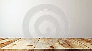 Empty wooden table against a white wall