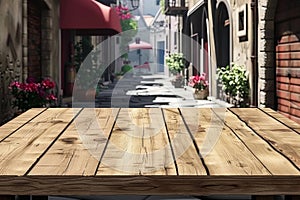 Empty Wooden Table in an Alleyway. Generative AI