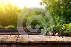 Empty wooden table on the background of farmer\'s fields, vegetable garden with harvest. Ready for product display montages.