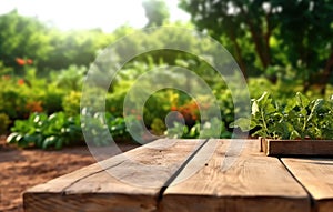 Empty wooden table on the background of farmer\'s fields, vegetable garden with harvest. Ready for product display montages.