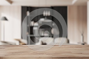 Empty wooden table on background of living room with decoration. Mockup