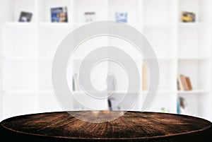 Empty wooden table and blur background of abstract in front of m